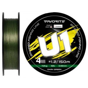 Шнур Favorite U1 PE 4x 150m (dark green) #1.2/0.191mm 16lb/7.2kg
